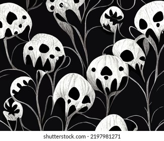 A Halloween abstract pattern with frightening flowers and ghosts, Black and White.
