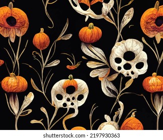 A Halloween abstract pattern with spooky pumpkins, flowers and ghosts, on a black background.