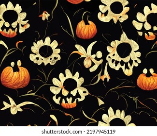 A Halloween abstract pattern with spooky pumpkins, flowers and ghosts, on a black background.