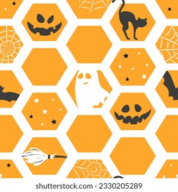 Patrón abstracto de Halloween. Diseño de papel envuelto con calabaza, gato negro, murciélago y fantasma
