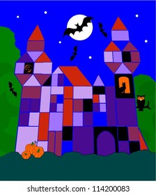Halloween abstract scene. Haunted castle with black cat in window, bats, moon, owl with huge orange eyes and pumpkins.
