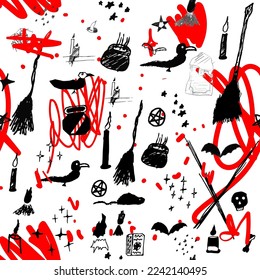 Halloween abstrakter, nahtloser Hintergrund. Rotes Bluttropfen, Spten, Besen, Rabe, endloses Muster. Vektorgrafik einzeln, handgezeichnet. Perfekt für Hintergrund-, Druck-, Papier- oder Stoffdesigns.