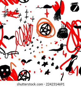 El fondo abstracto de Halloween es impecable. Gotas rojas en la sangre, salpicaduras, escobas, estrépito interminable. Ilustración extraída a mano por vectores aislados. Perfecto para el diseño de fondo, impresión, papel o tela.
