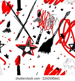 Halloween abstract seamless background. Red blood drops, splatter, broom, raven,  endless pattern. Vector isolated hand-drawn illustration. Perfect for background, print, paper or fabric designs.