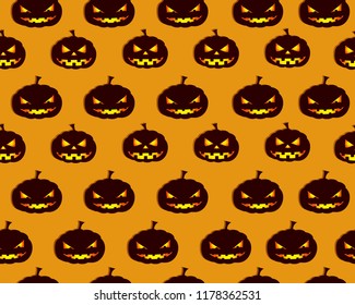 Halloween abstract seamless pattern design with pumpkins faces on orange background flat vector illustration