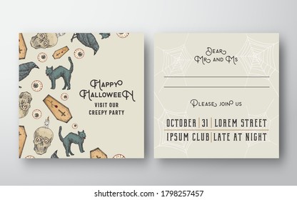 Halloween Abstract Vector Invitation Card Background Template. Back, Front Design Layout with Typography. Soft Shadows and Sketch Sculls, Cats, Coffins, Eyes and Candles Illustrations Frame. Isolated.