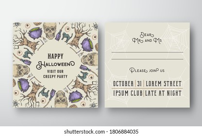 Halloween Abstract Vector Invitation Card Background Template. Back and Front Design Layout with Typography. Soft Shadows and Sketch Sculls, Cats, Scythe and Spooky Tree Illustrations Frame. Isolated.