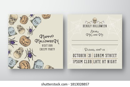 Halloween Abstract Vector Invitation Card Background Template. Back and Front Design Layout with Typography. Soft Shadows and Sketch Sculls, Pumpkins and Tombstones Illustrations Frame. Isolated.