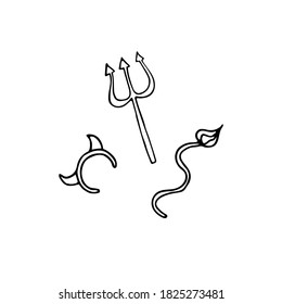 Halloween accessories doodle set. Outline devils look detail. Hand drawn horns, trident, tail isolated on white background. Outfit demon symbol of children autumn themed holidays, costume for rent