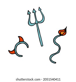 Halloween accessories doodle set. Outline devils look detail. Hand drawn horns, trident, tail isolated on white background. Outfit demon symbol of children autumn themed holidays, costume for rent