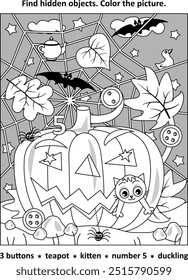 Halloween activity. Find hidden objects picture puzzle and coloring page. Pumpkin at the field in night.
