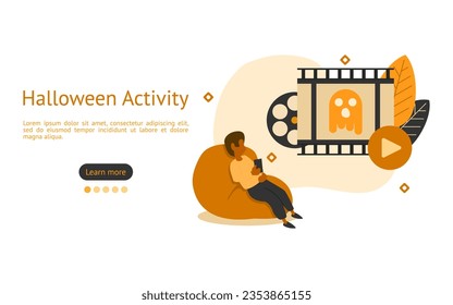 Halloween Activity illustration set. characters are looking at watching horror movies in Halloween events. Halloween activity concept. vector illustration.