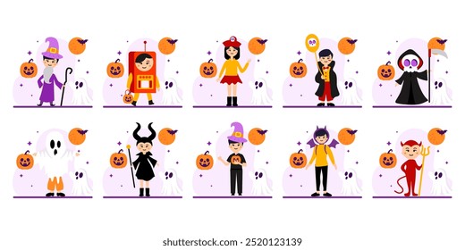 Ilustración de actividad de Halloween, ilustración de diez niños aislados diferentes en disfraces de Halloween, fondo transparente