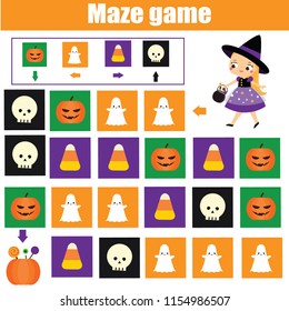 Halloween activity. Maze game. Labyrinth with navigation. Help girl find sweets