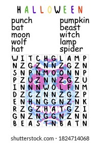 Halloween activity page word search puzzle stock vector illustration. Educational game for preschool and school kids. Halloween topic learning vocabulary funny game. One of a series.