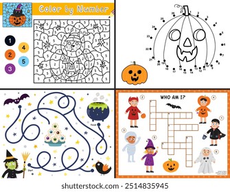 Halloween activity pages set for kids. Funny games collection in US Letter format. Color by number, dot to dot, maze and crossword templates with spooky characters. Vector illustration