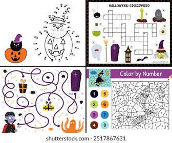 Halloween activity pages set for kids. Funny games collection in US Letter format. Color by number, dot to dot, maze and crossword templates bundle with spooky characters. Vector illustration