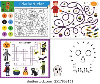 Halloween activity pages set for kids. Funny games collection in US Letter format. Color by number, dot to dot, maze and crossword templates bundle with spooky characters. Vector illustration