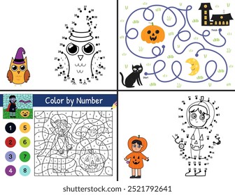 Halloween activity pages set for kids. Funny games collection in US Letter format. Color by number, dot to dot and maze templates bundle with spooky characters. Vector illustration