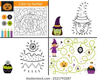 Halloween activity pages set for kids. Funny games collection in US Letter format. Color by number, dot to dot and maze templates bundle with spooky characters. Vector illustration