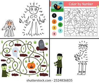 Halloween activity pages set for kids. Funny games collection in US Letter format. Color by number, dot to dot and maze templates bundle with spooky characters. Vector illustration