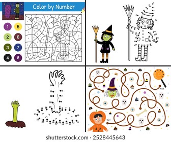 Halloween activity pages set for kids. Funny games collection in US Letter format. Color by number, dot to dot and maze templates bundle with spooky characters. Vector illustration