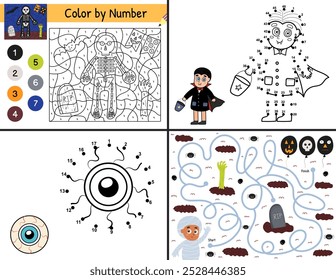 Halloween activity pages set for kids. Funny games collection in US Letter format. Color by number, dot to dot and maze templates bundle with spooky characters. Vector illustration