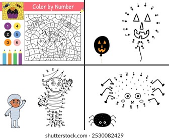 Páginas de actividad de Halloween para niños. Colección de juegos divertidos en formato de letra estadounidense. Color por número y punto a punto Plantillas Paquete con personajes espeluznantes. Ilustración vectorial