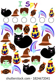 Halloween activity worksheet I spy game for kids stock vector illustration. Funny calculation educational game for kindergarten and school children. Bold colors vertical printable activity page.