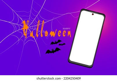 Halloween Ad Banner With Mobile Phone Mockup, Spider Web And Orange Text Congratulation Or Greeting On Purple Color Background. Editable Vector Illustration.