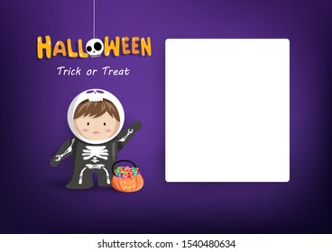 Halloween, adorable greeting card, kid wearing skeleton costume mascot, trick or treat, cute cartoon character using for children celebrate party invitation vector background