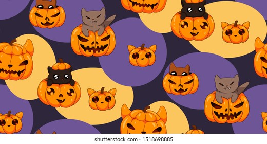 halloween adorable kawaii cats seamless pattern.cute little  kittens in pumpkin