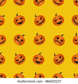 Halloween adorable seamless background. Pumpkin autumn harvest pattern isolated on yellow or orange background. Different facial expressions vector illustration.