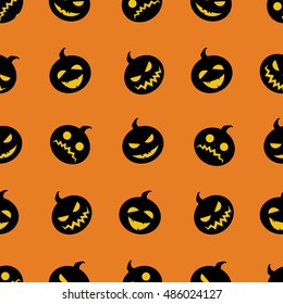 Halloween adorable seamless background. Pumpkin autumn harvest pattern with black silhouettes of pumpkin isolated on orange background. Different facial expressions vector illustration.