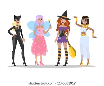 Halloween Adult Costumes Set. Attractive Clothing For Party. Cat, Witch And Fairy Costumes For Women. Isolated Flat Vector Illustration