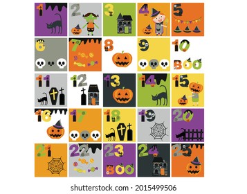 Calendario de llegada de Halloween, ilustración vectorial plana