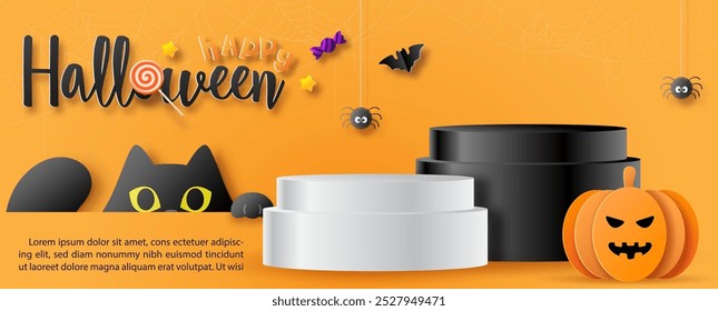 Halloween advertising banner with product stage and Halloween decorated object on gradient orange background. Halloween sale banner in paper cut style and vector design.