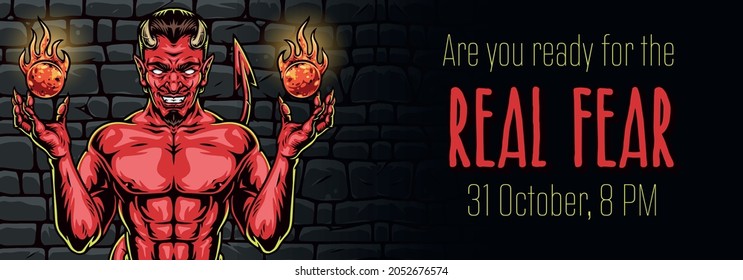 Halloween advertising colorful horizontal banner in vintage style with spooky red devil and fireballs on stone wall background vector illustration