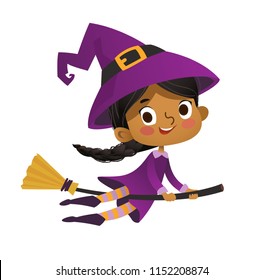 Halloween African-American flying little witch. Girl kid in halloween costume flying over the moon. Retro vintage. Isolated.