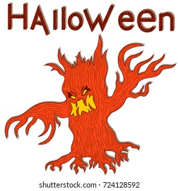 Halloween aggressive twisted tree with branches as a hands, cartoon vector design elements in red and yellow colors