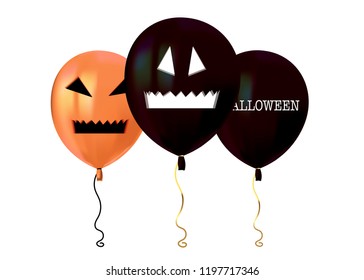 Halloween air flying balloons. Scary pumpkin face and black balloons. Halloween vector collection