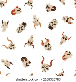Halloween alive skulls vector seamless pattern. Magical creatures, devils, horned monster's skulls with burning eyes. Hand-drawn repeat on isolated background for fabric, wallpapers, wrapping paper.