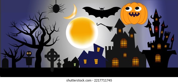 Halloween All Design Element Package. Halloween background copyspace, mysterious landscape Tombstone graveyard,cartoon witch house,Haunted house, Pumpkins oWl and bats.Spooky Horor Cartoon Scene.