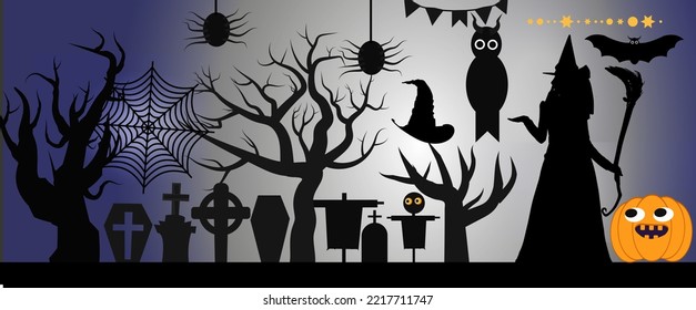 Halloween All Design Element Package. Halloween background copyspace, mysterious landscape Tombstone graveyard,cartoon witch house,Haunted house, Pumpkins oWl and bats.Spooky Horor Cartoon Scene.