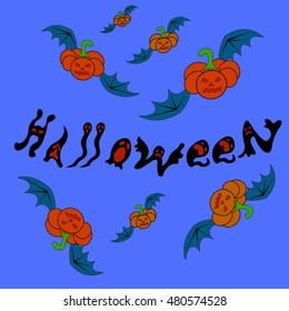Halloween (All hallows' day) - autumn holiday in Britain, Scotland and Ireland. Pumpkin with eyes and mouth flying bat wings. The letters in the form of ghosts and evil beings.