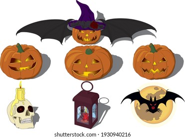 Halloween All Hallows` Eve All Saints` Eve illustration vector set with smiling nightmare pumpkin lamps, skull with a candle, spider and a spider net, full moon and bat, pumpkin with wings