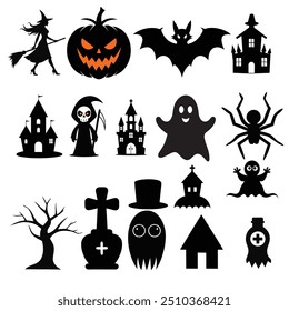 Halloween all icon set silhouette. Black Halloween Icon Set. Halloween Vector Icon Set. Set of bat. Halloween Icons.