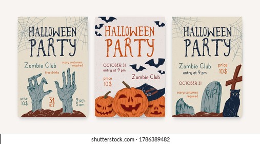 Halloween, All saints day party invitation, poster, template, flyer. Holiday creepy leaflet design. Helloween advertising card, layout with text. Scary pumpkin, zombie. Hand drawn vector illustration