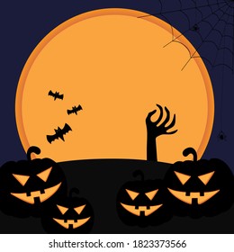 Halloween, All saints day party invitation, poster, template, flyer. Holiday creepy leaflet design. Helloween advertising card, spase for text. Scary pumpkin, zombie. Hand drawn vector illustration