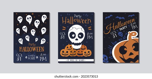 Halloween, All saints day party invitation, poster, template, flyer. Holiday creepy leaflet design. Helloween advertising card, layout with text. Scary pumpkin. Hand drawn vector illustration